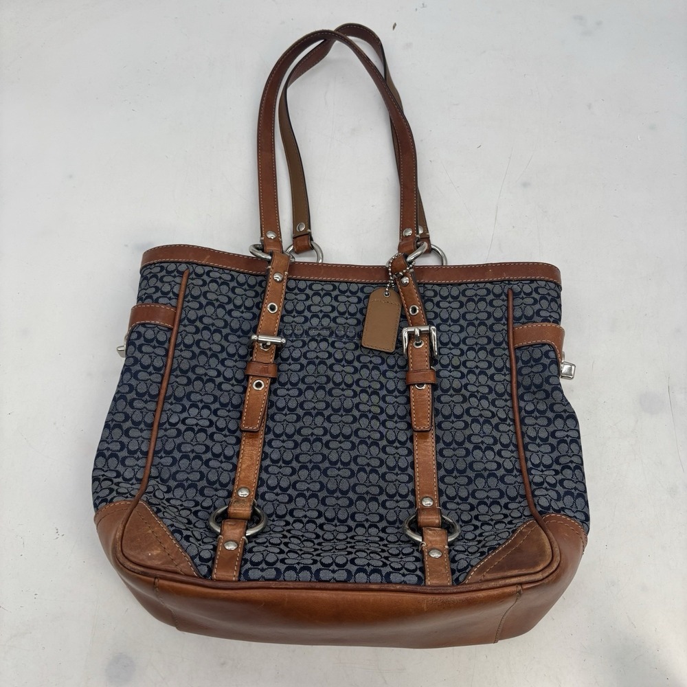 Coach Gallery Tote Mini Signature Navy Blue British Tan Leather F11526 Medium